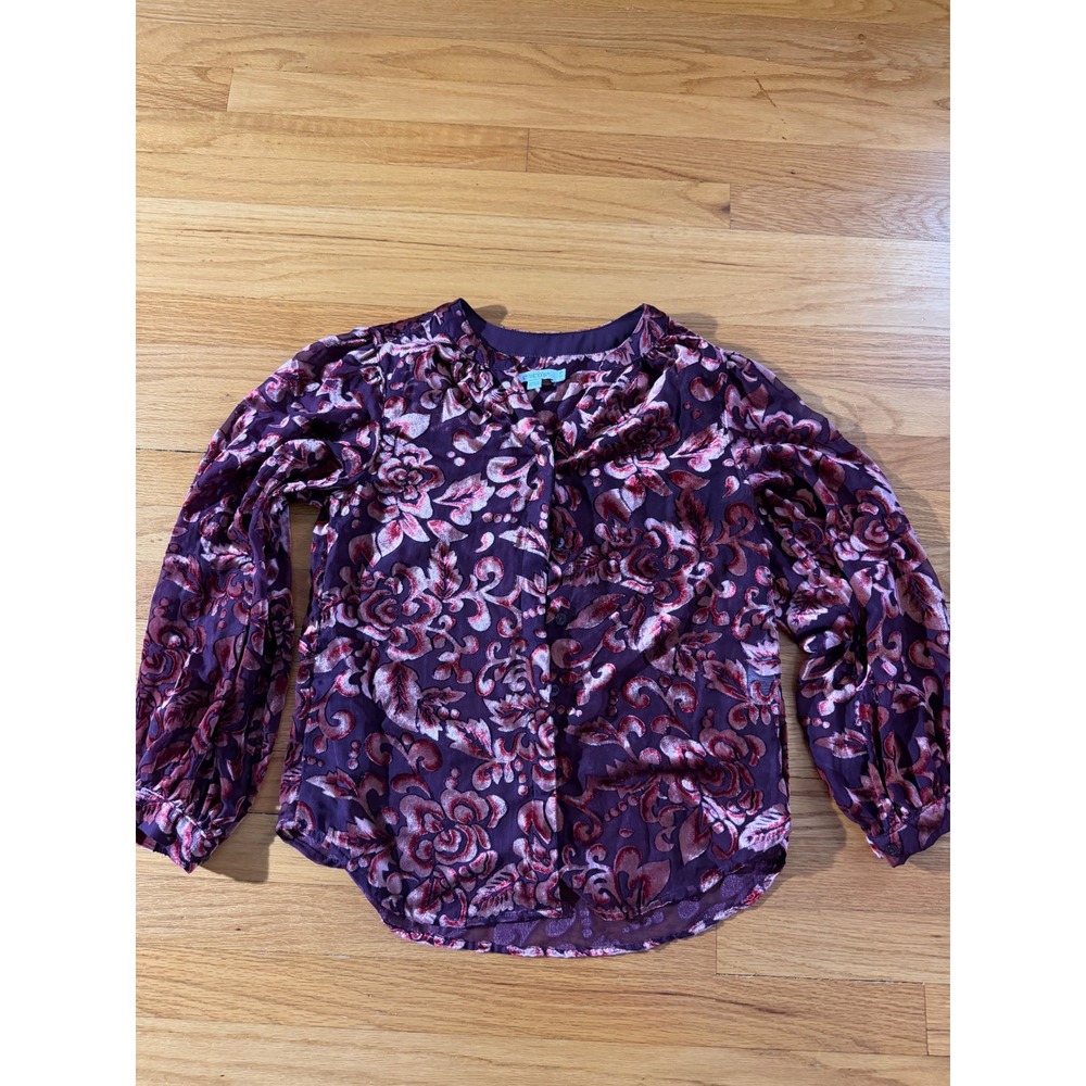Chicos Purple Burnout Velvet Floral Blouse Button Front Long Sleeve Size 00 XS